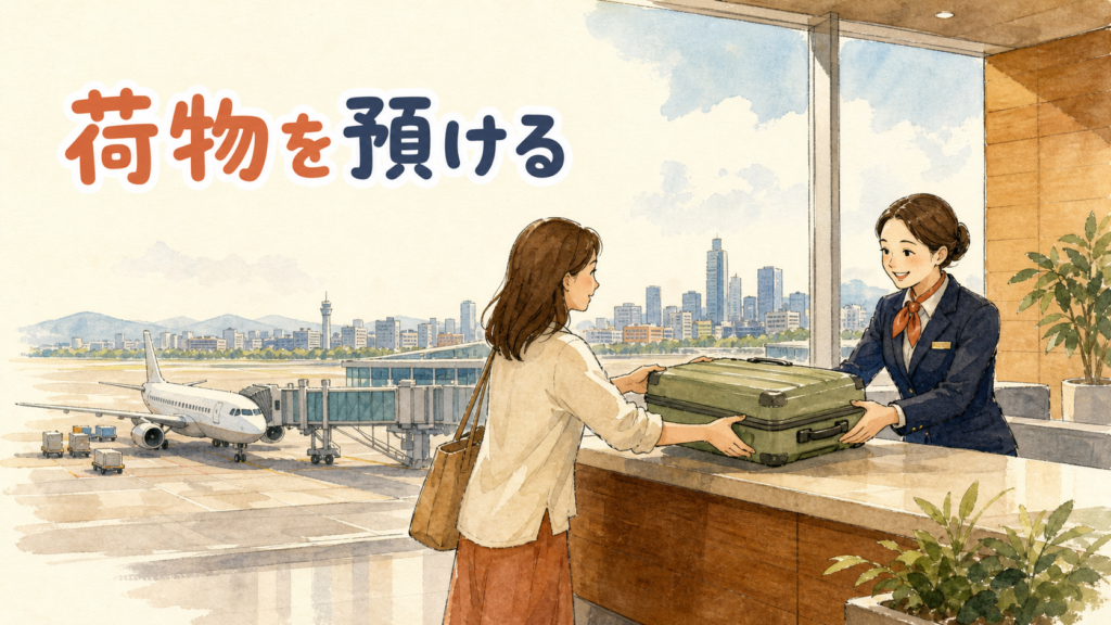 金浦空港でキャリーケースを預けて身軽に歩く旅行者のイメージ