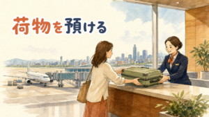 金浦空港でキャリーケースを預けて身軽に歩く旅行者のイメージ