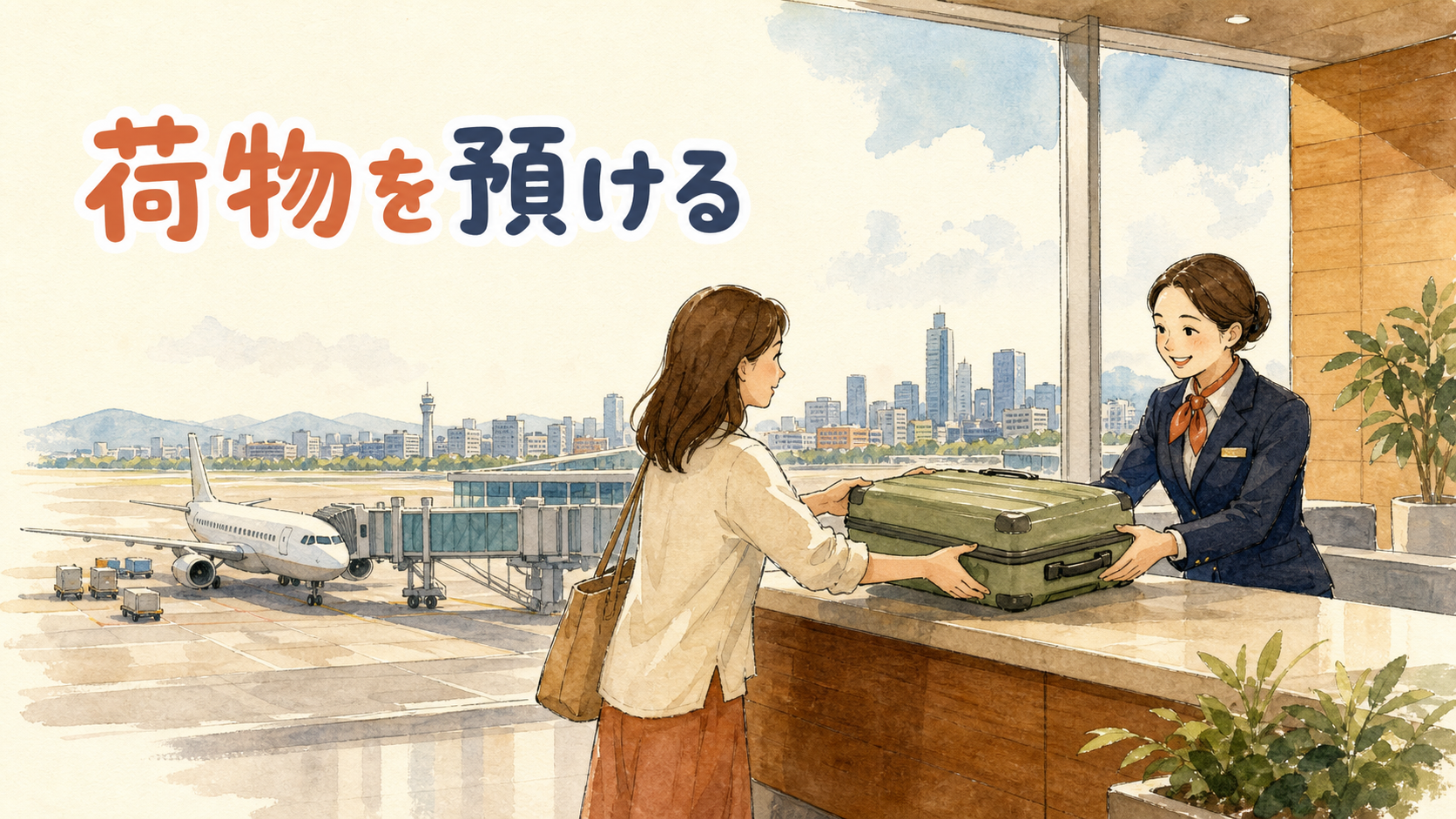 金浦空港でキャリーケースを預けて身軽に歩く旅行者のイメージ
