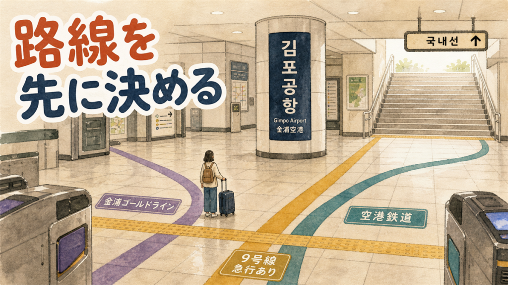 金浦空港の地下鉄の乗り方の記事のアイキャッチ。改札前の床で、金浦ゴールドライン・9号線・空港鉄道の案内ラインが3方向に分かれているイラスト