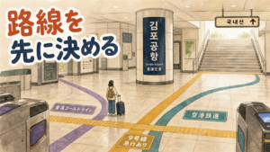 金浦空港の地下鉄の乗り方の記事のアイキャッチ。改札前の床で、金浦ゴールドライン・9号線・空港鉄道の案内ラインが3方向に分かれているイラスト