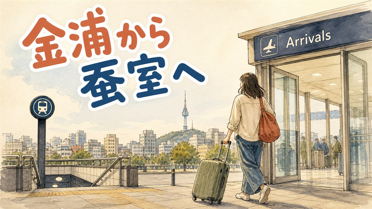 金浦空港の到着ロビーからロッテワールドタワーの方角を見つめる旅行者のイラスト