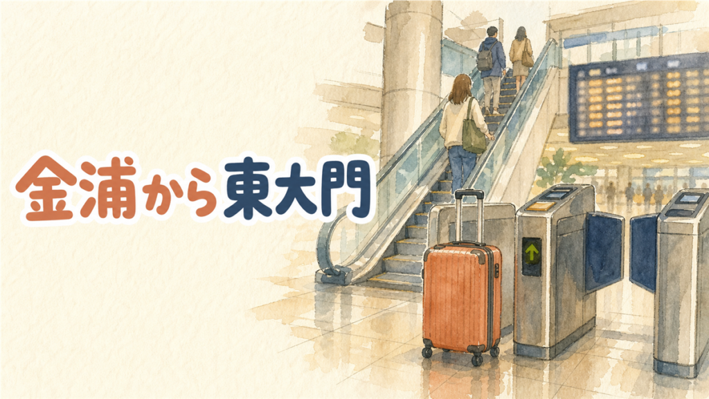金浦空港から東大門への行き方のイメージ。空港駅の改札の前にスーツケースが置かれ、奥にエスカレーターが見える水彩イラスト