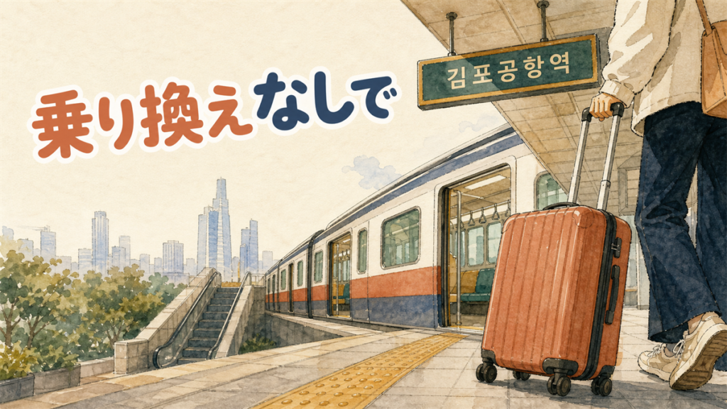 金浦空港駅のホームに地下鉄が停まり、ハングルの案内サインの奥に江南の高層ビルの影が見えるイラスト