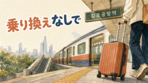 金浦空港駅のホームに地下鉄が停まり、ハングルの案内サインの奥に江南の高層ビルの影が見えるイラスト
