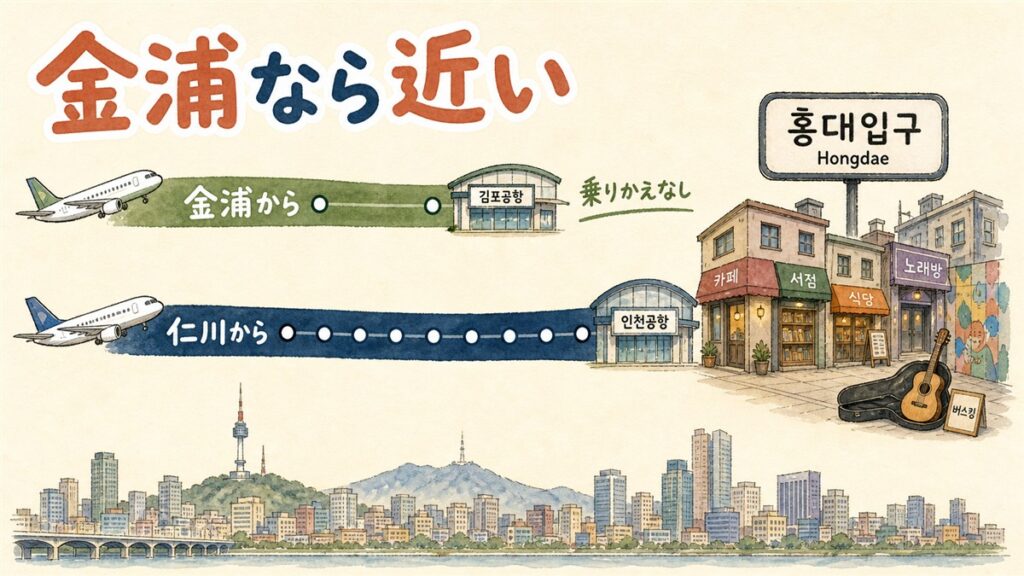 金浦空港からと仁川空港からのソウル行きの経路を長さの違う2本の帯で比べ、金浦からのほうが短く乗りかえがないことを示した図