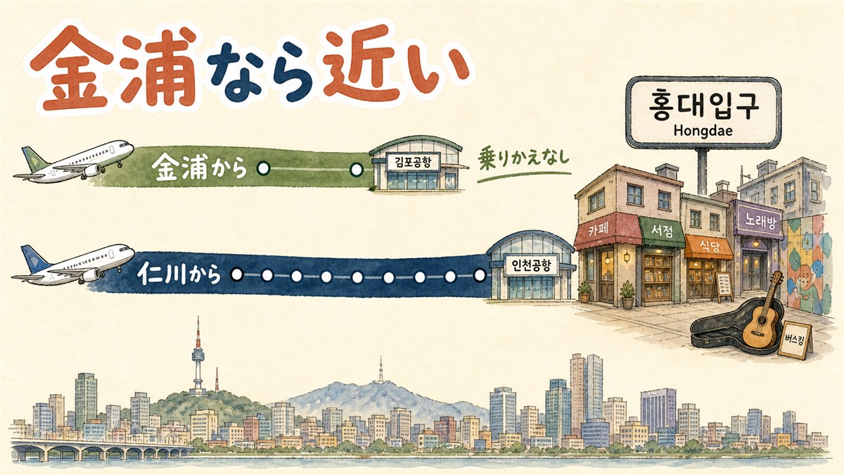 金浦空港からと仁川空港からのソウル行きの経路を長さの違う2本の帯で比べ、金浦からのほうが短く乗りかえがないことを示した図