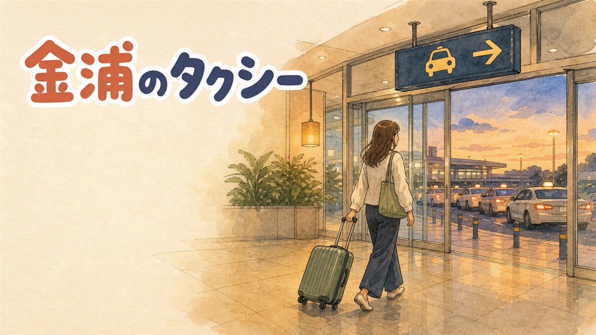 金浦空港の到着ロビーで、キャリーケースを引いた旅行者がタクシー乗り場の案内表示を見上げている様子