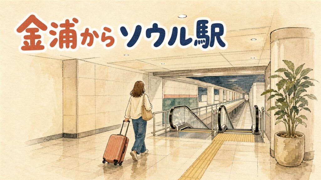 金浦空港駅のホームでキャリーケースを引きながらソウル駅方面の電車を待つ女性旅行者の情景