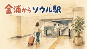 金浦空港駅のホームでキャリーケースを引きながらソウル駅方面の電車を待つ女性旅行者の情景