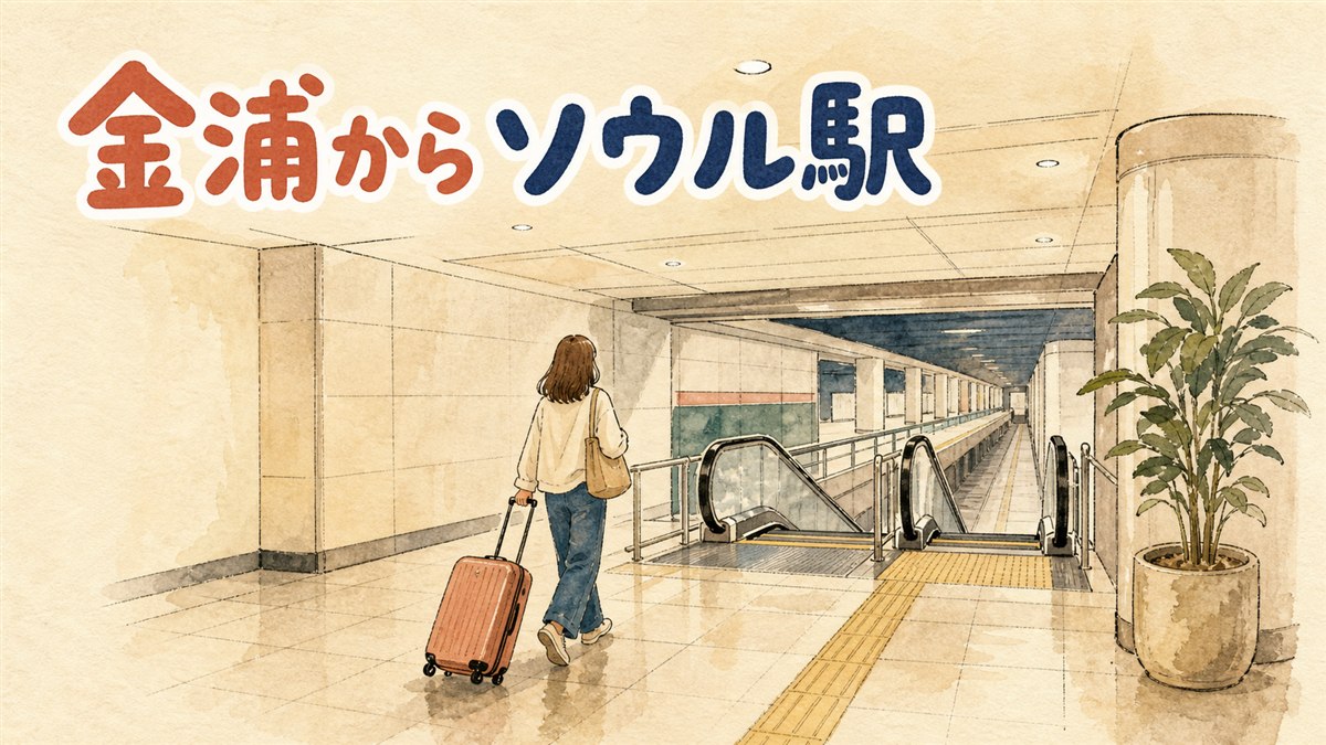 金浦空港駅のホームでキャリーケースを引きながらソウル駅方面の電車を待つ女性旅行者の情景