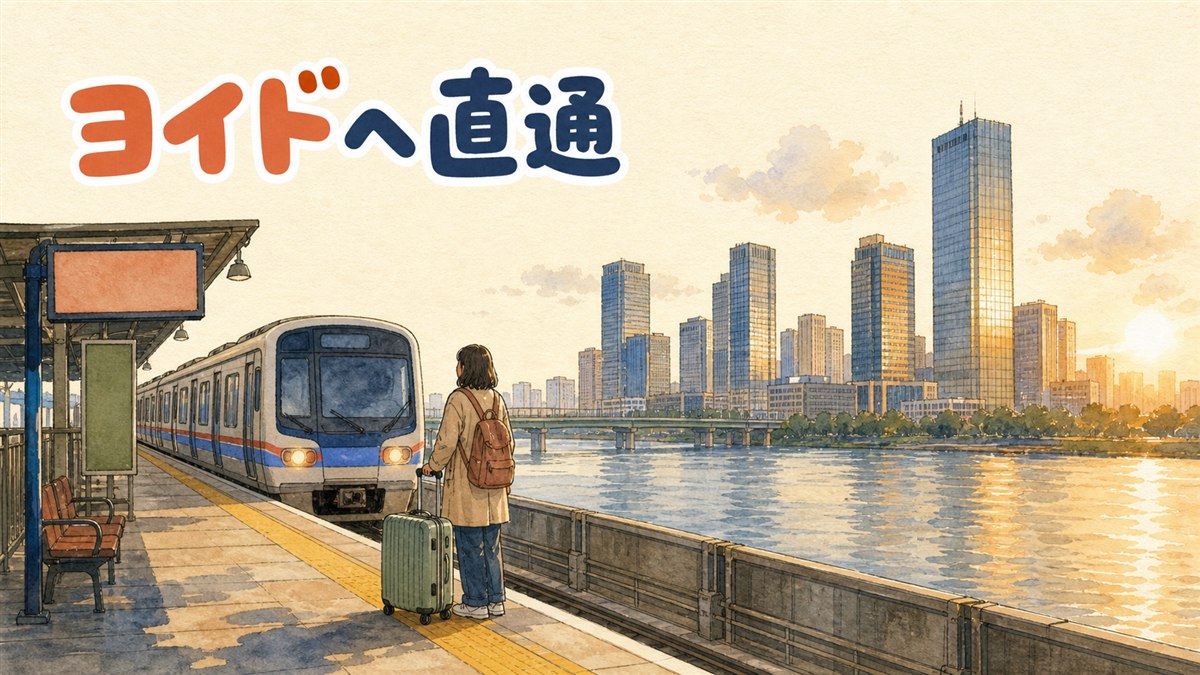 金浦空港の地下鉄駅入口でスーツケースを引きながら案内表示を見上げる旅行者の情景