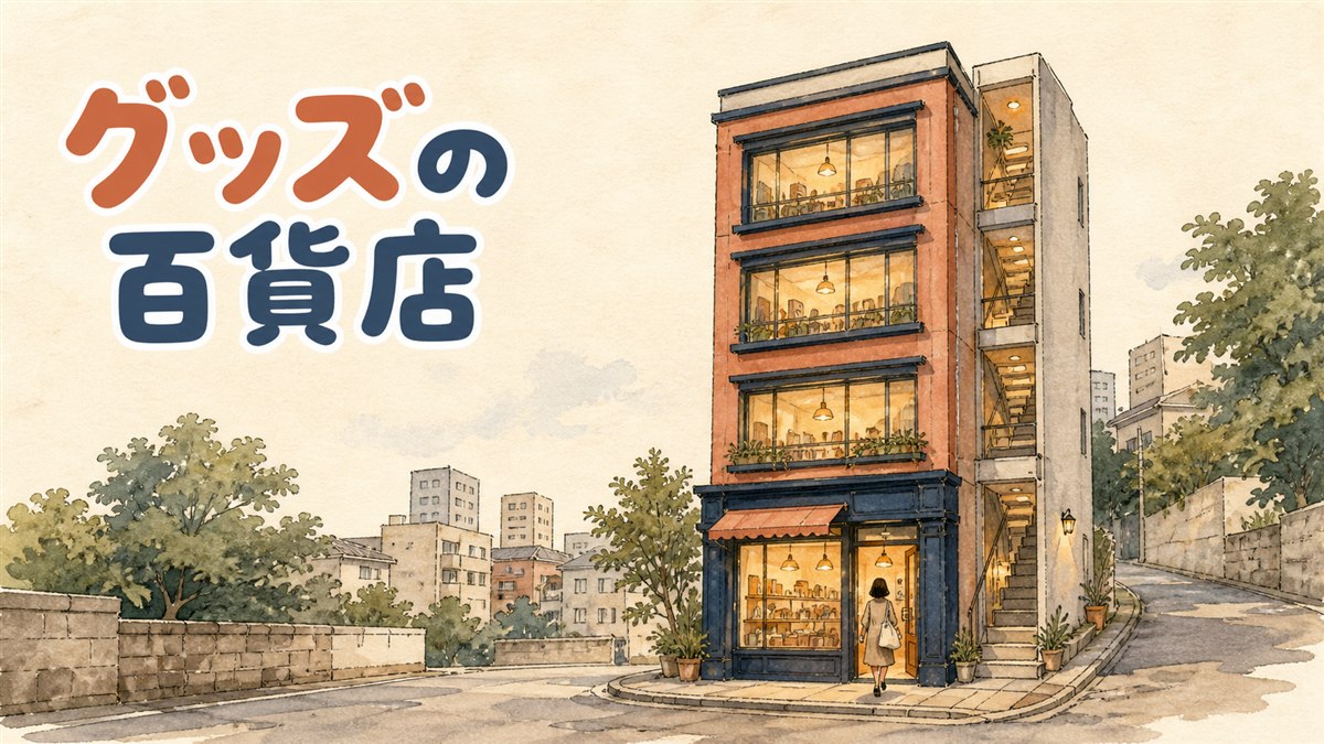 各階に灯りがともる細長い4階建てのビルを、通りから引きで見た水彩の情景