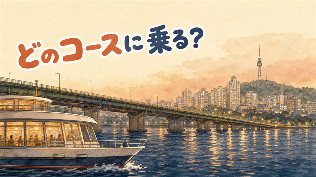 夕暮れの漢江を進む遊覧船の舳先と、斜めに架かる橋、奥の街明かりのイラスト