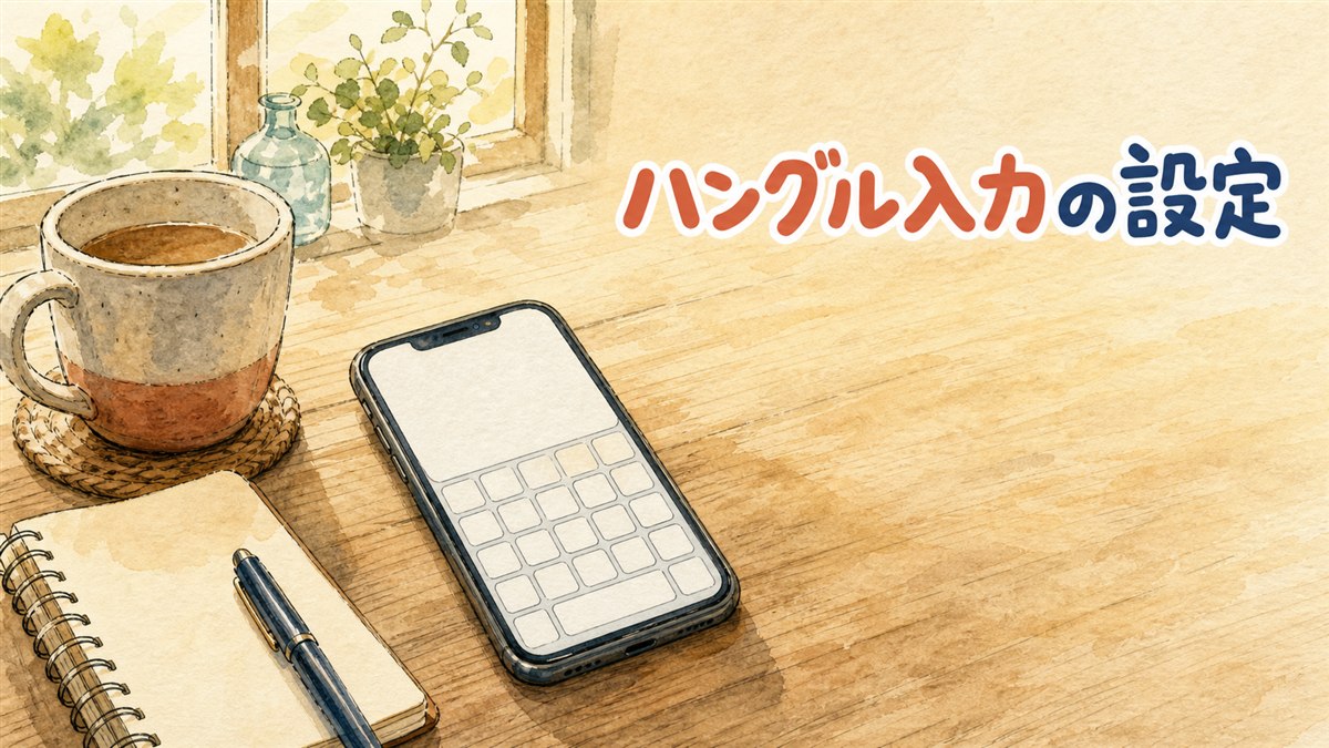スマホの設定画面で韓国語キーボードを追加している様子を描いたイラスト