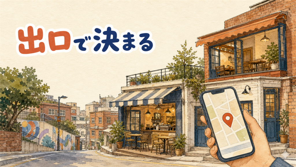 弘大の細い通りに小さなカフェが2軒並び、手前で地図アプリを開いたスマートフォンをかざしているイラスト