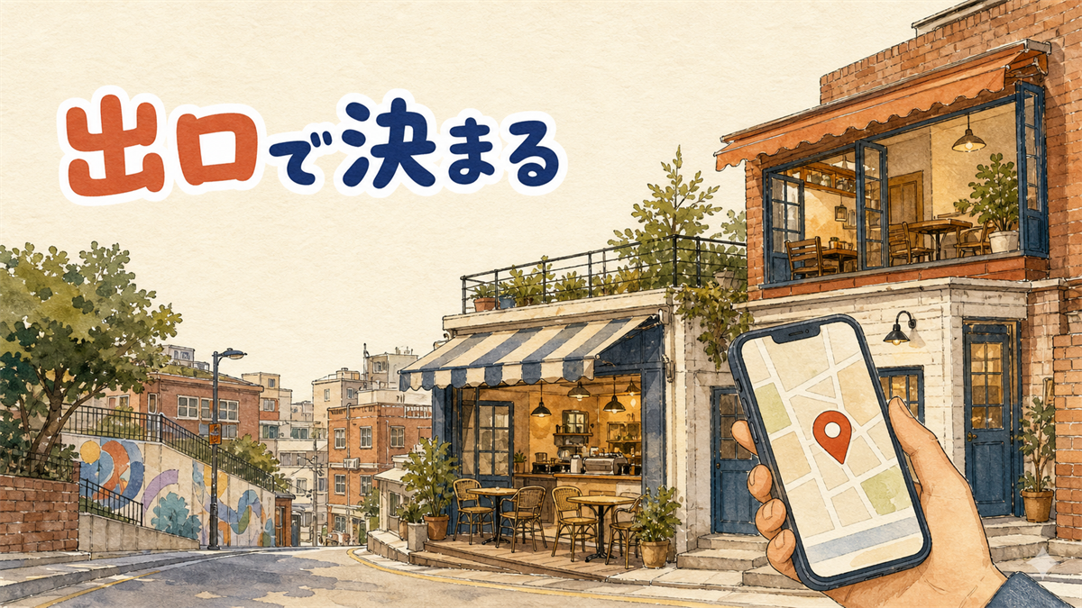 弘大の細い通りに小さなカフェが2軒並び、手前で地図アプリを開いたスマートフォンをかざしているイラスト
