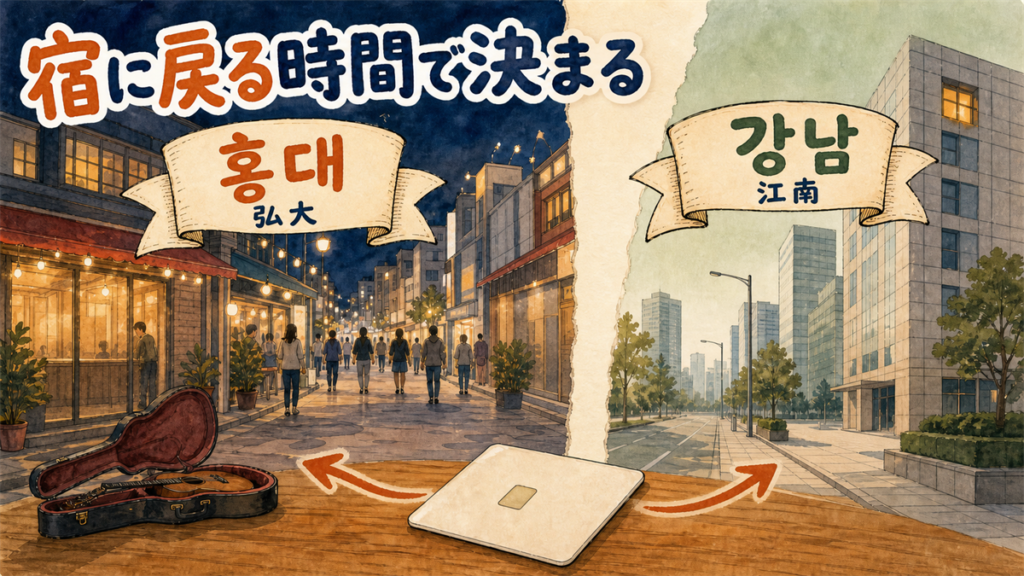 弘大と江南どっちに泊まる？夜遊び・空港移動・静けさで選ぶ判定フロー｜2026年8月確認 のアイキャッチ画像