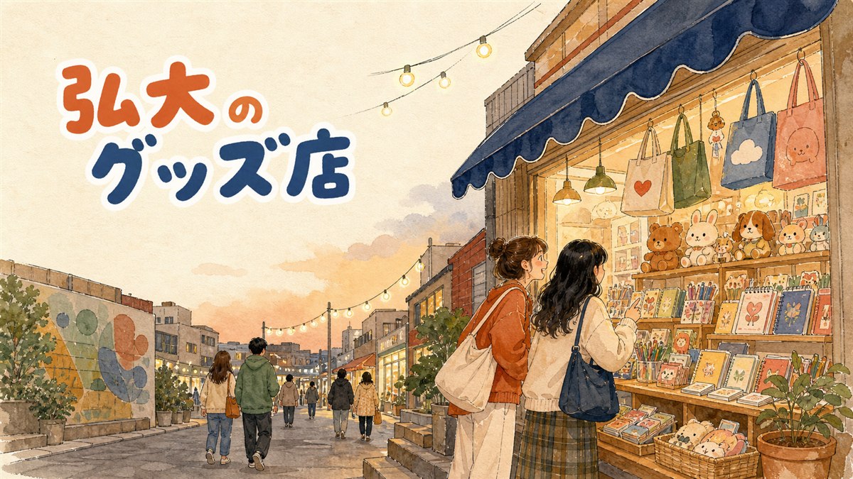 弘大の걷고싶은거리沿いに雑貨店の看板が連なる通りの様子
