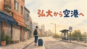 早朝の弘大の路地をスーツケースを引いて歩く旅行者の後ろ姿