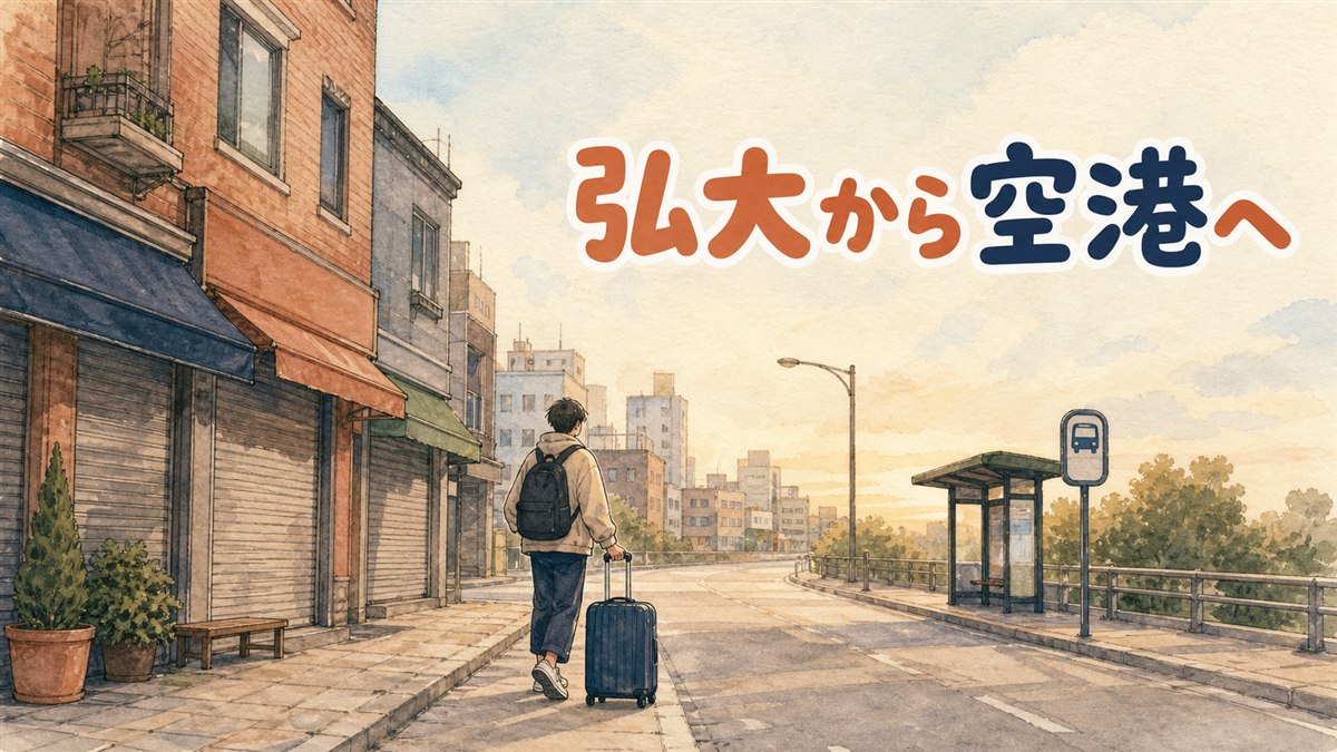 早朝の弘大の路地をスーツケースを引いて歩く旅行者の後ろ姿