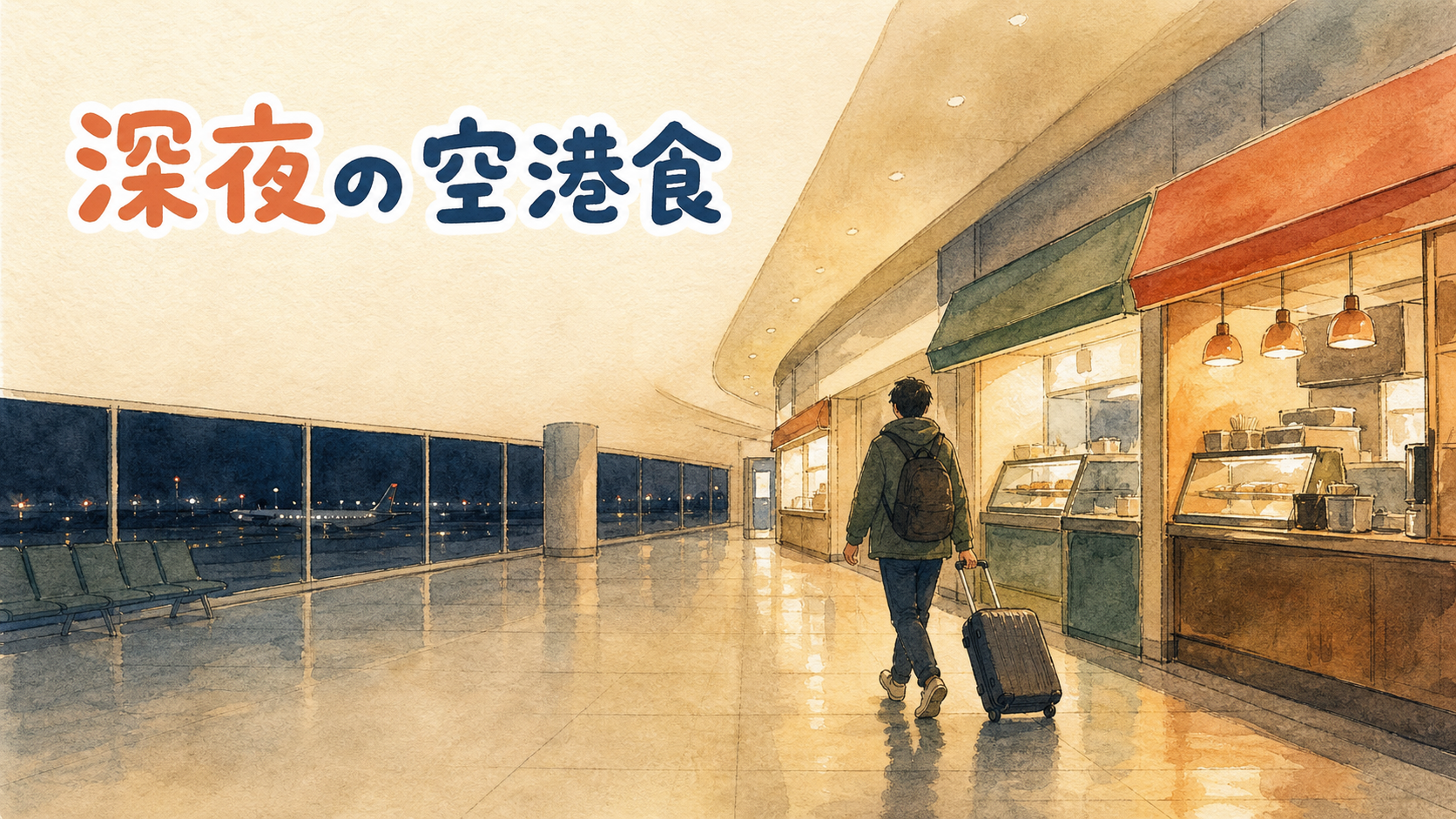 深夜の仁川空港ターミナルで、灯りのついた飲食店の前を通りかかる旅行者の後ろ姿