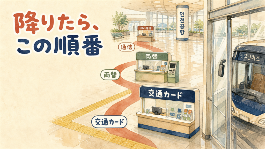 仁川空港の到着ロビーの床に案内の帯が伸び、通信・両替・交通カードの3つの立ち寄り先が順に描かれているイラスト