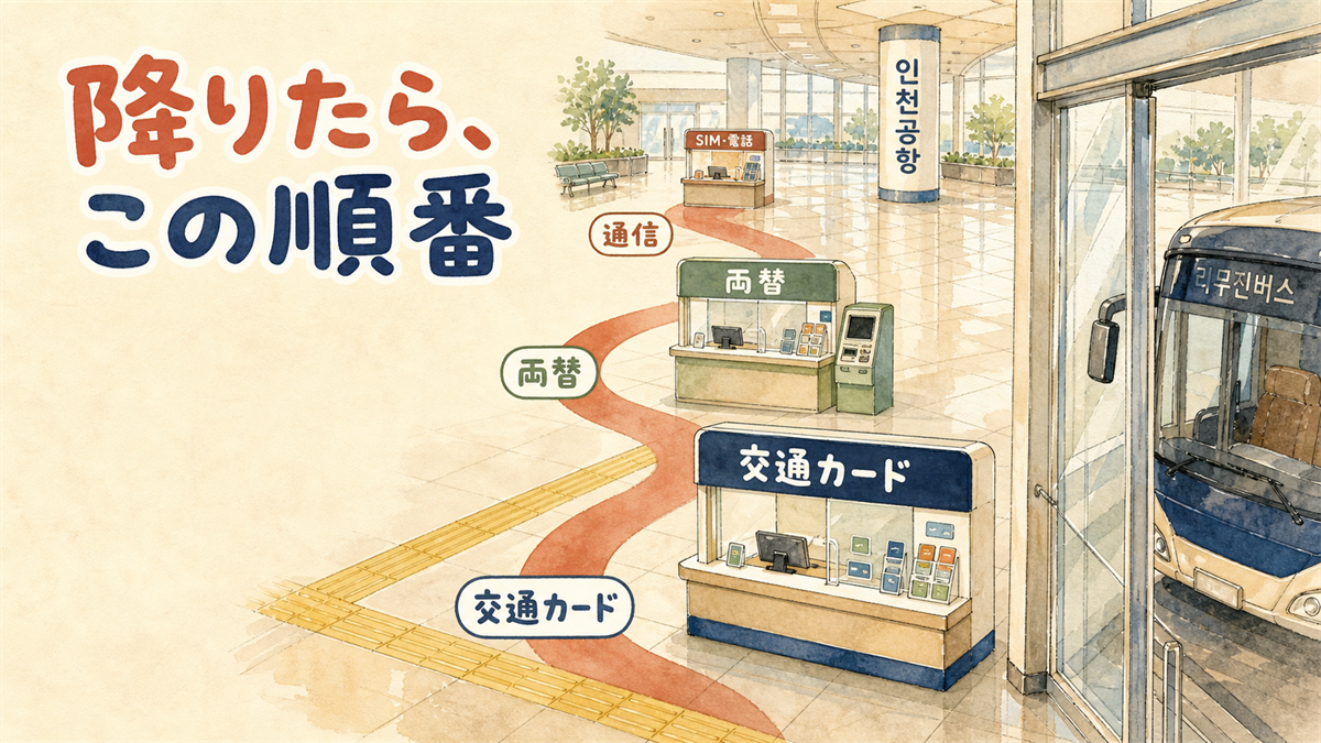 仁川空港の到着ロビーの床に案内の帯が伸び、通信・両替・交通カードの3つの立ち寄り先が順に描かれているイラスト