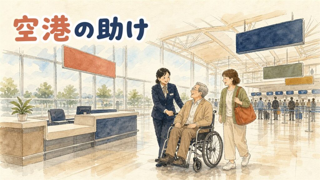 仁川空港で車椅子に乗った高齢の女性を、家族と空港スタッフが優待出国レーンへ案内している場面