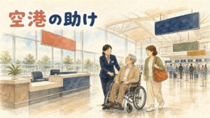 仁川空港で車椅子に乗った高齢の女性を、家族と空港スタッフが優待出国レーンへ案内している場面