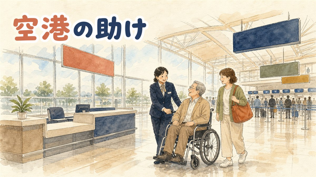 仁川空港で車椅子に乗った高齢の女性を、家族と空港スタッフが優待出国レーンへ案内している場面