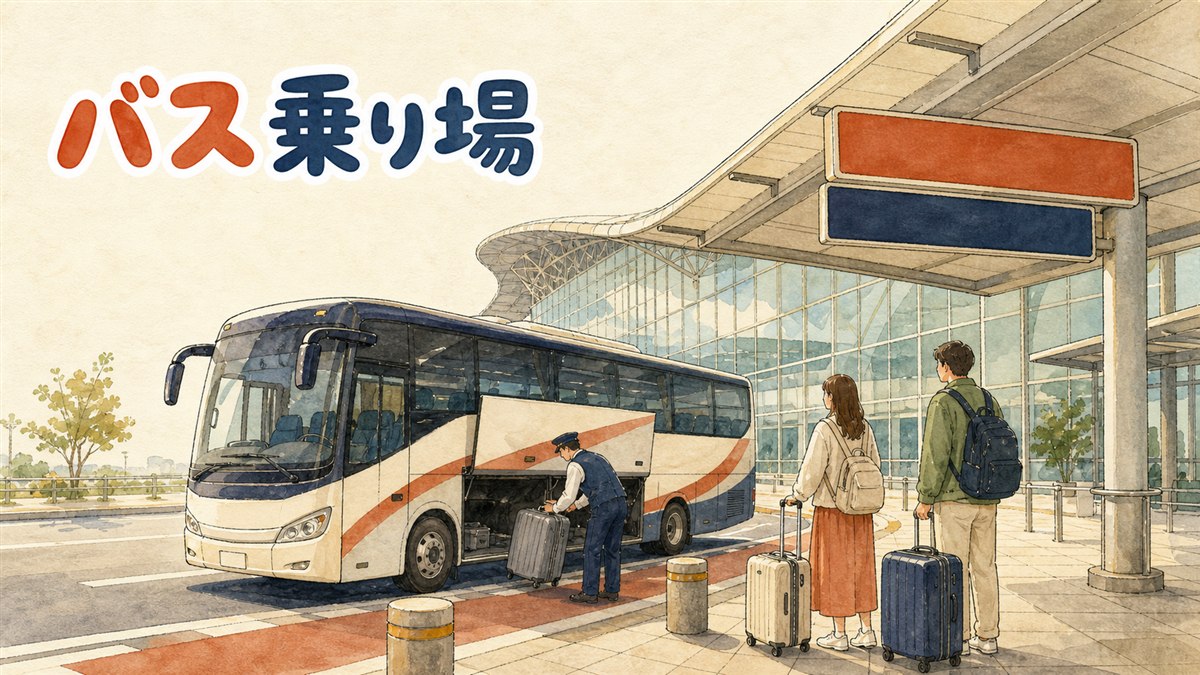 仁川空港のバス乗り場でスーツケースを持った旅行者が乗車位置を確認している様子