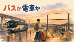 仁川空港の到着ロビーでスーツケースを引きながらAREXとリムジンバスの案内サインを見比べる旅行者の後ろ姿