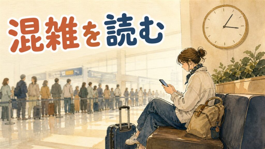 仁川空港の出国ロビーでスマートフォンの空港アプリ画面を確認する旅行者