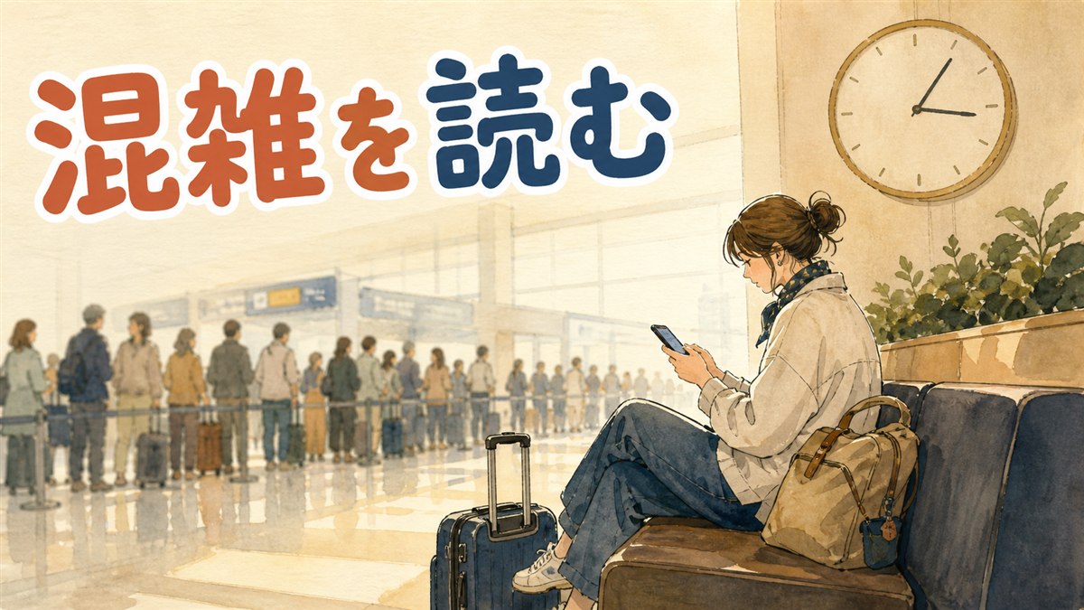仁川空港の出国ロビーでスマートフォンの空港アプリ画面を確認する旅行者