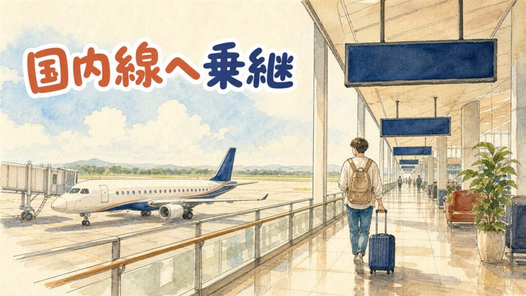 仁川空港の国内線カウンターで搭乗券を確認する旅行者の後ろ姿