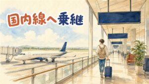 仁川空港の国内線カウンターで搭乗券を確認する旅行者の後ろ姿