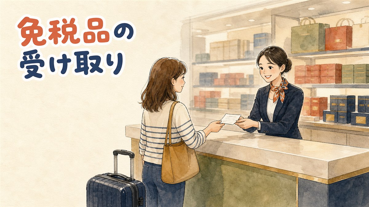仁川空港の免税品引渡場でパスポートと引換券を係員に見せて受け取る旅行者