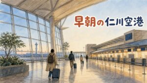 早朝の仁川空港ターミナルで搭乗を待つ利用者たちの情景