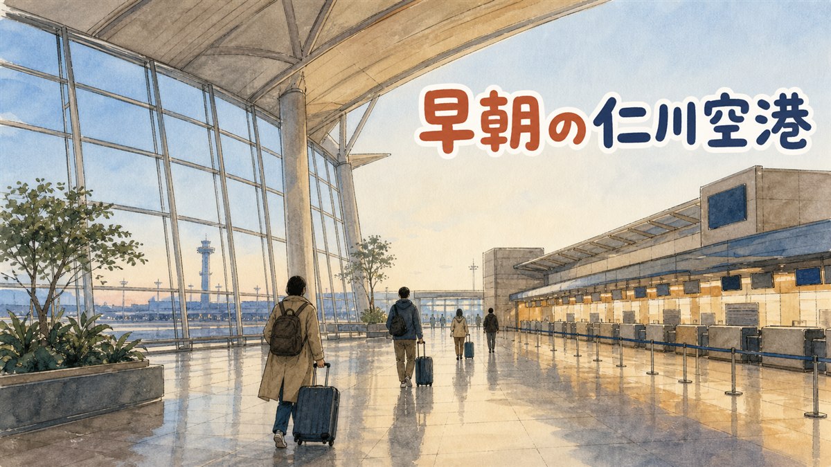 早朝の仁川空港ターミナルで搭乗を待つ利用者たちの情景