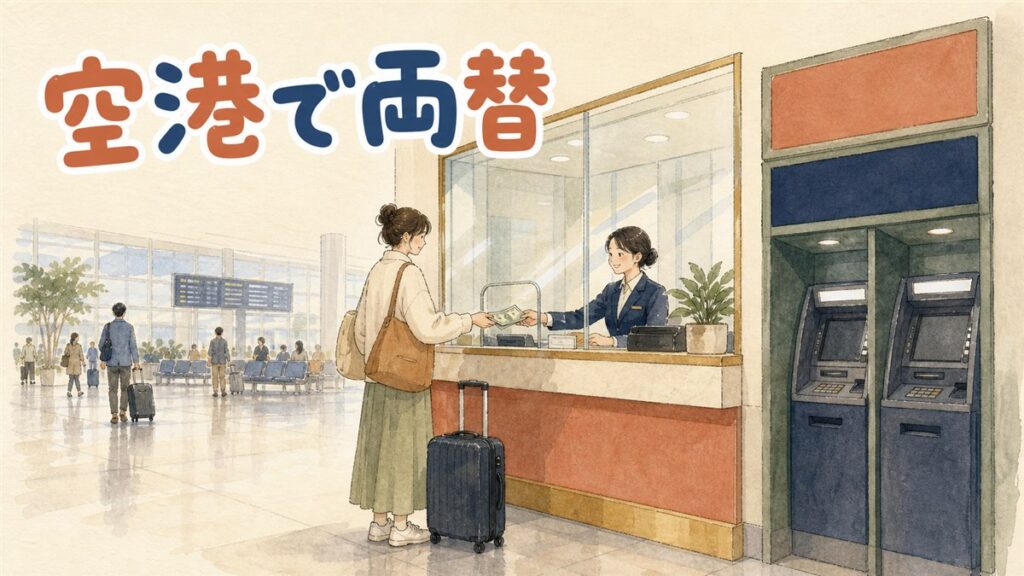 仁川空港の到着ロビーで両替窓口とATMを見比べている旅行者の様子