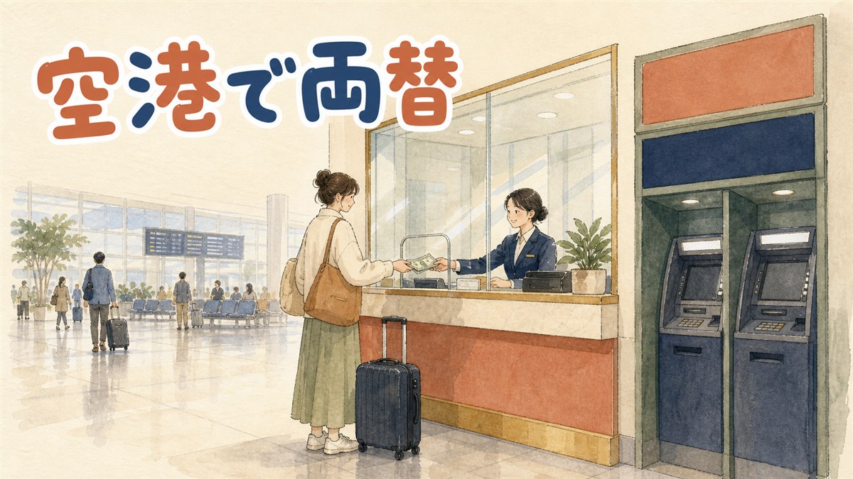 仁川空港の到着ロビーで両替窓口とATMを見比べている旅行者の様子