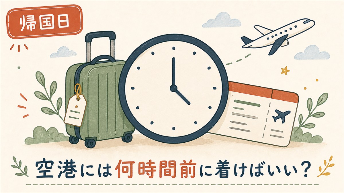 仁川空港には何時間前に着けばいいかを表す帰国日のアイキャッチ画像。帰国日ラベル、スーツケース、大きな時計、搭乗券、飛行機のイラストとともに「空港には何時間前に着けばいい?」の文字が描かれている。