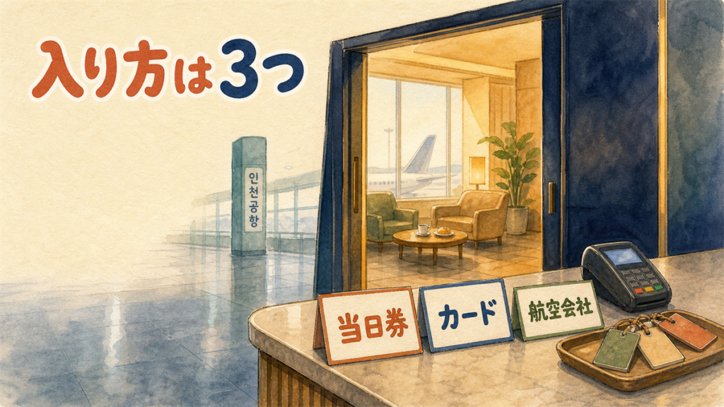 空港ラウンジの受付カウンターと、当日券・カード・航空会社と書かれた3枚の案内カードのイラスト