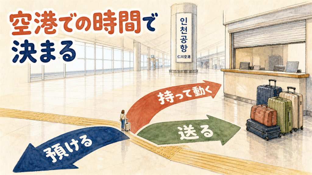 仁川空港の床の案内矢印が、預ける・送る・持って動くの3方向に分かれているイラスト