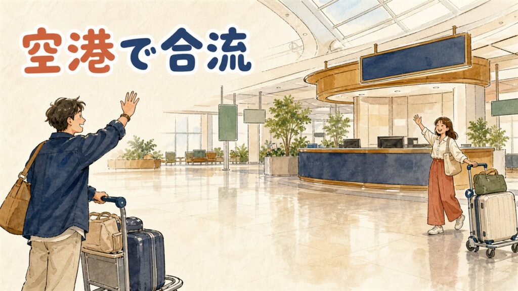 仁川空港の到着ロビーで案内デスクの前に立ち、スマートフォンを片手に相手を待つ旅行者の様子