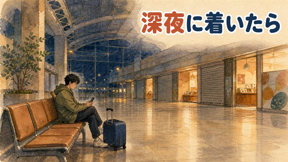 仁川空港に深夜到着したときのイメージ。多くの店のシャッターが閉まった到着ロビーで、旅行者がスーツケースと共にベンチに座っている