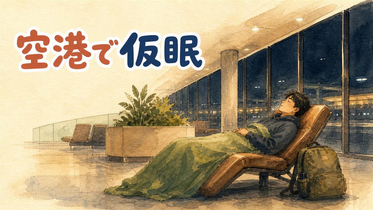 仁川空港で保安検査の内と外を確認しながら休憩場所を探す旅行者のイメージ