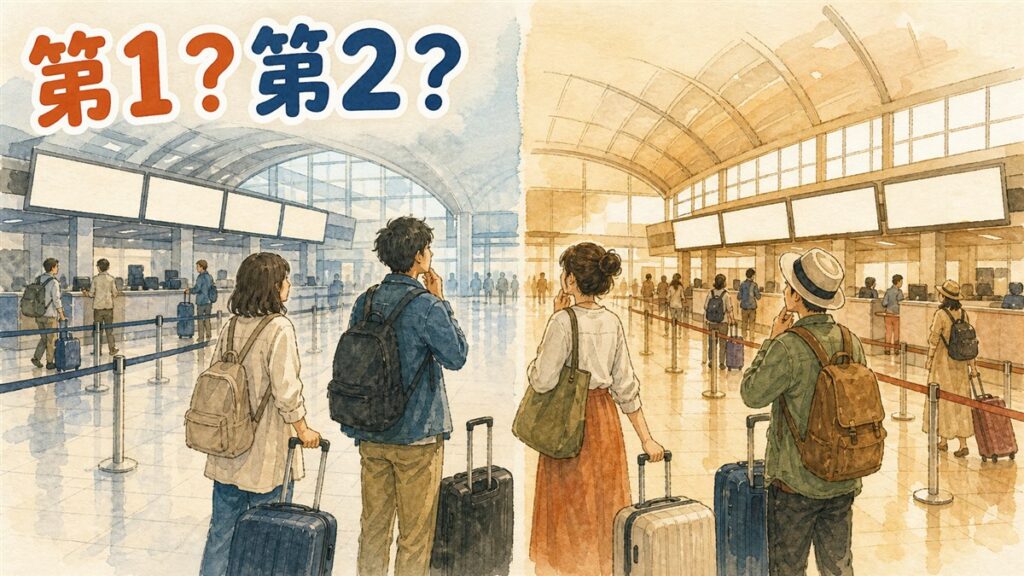 仁川空港の第1と第2ターミナルの違いのイメージ。よく似た2つのチェックインカウンターが左右に並び、中央で旅行者が立ち止まっている