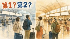 仁川空港の第1と第2ターミナルの違いのイメージ。よく似た2つのチェックインカウンターが左右に並び、中央で旅行者が立ち止まっている